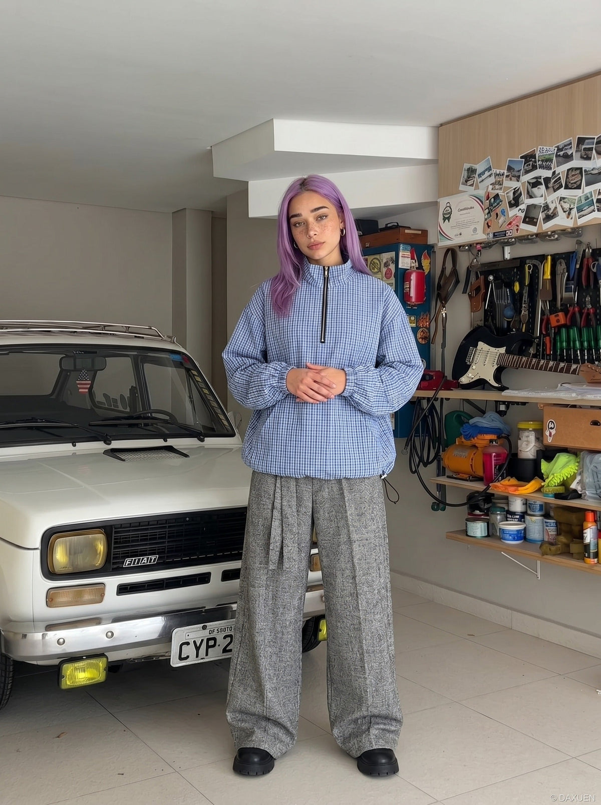 DAXUEN Plaid oversized pullover jacket with half-zip and pouch pocket — model photo
