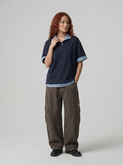 DAXUEN Plaid patchwork short-sleeved polo shirt — model photo