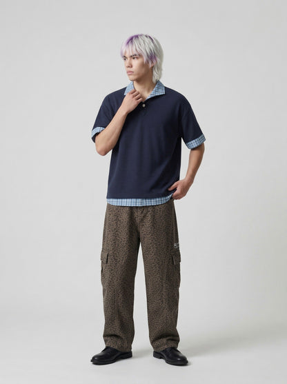 DAXUEN Plaid patchwork short-sleeved polo shirt — model photo