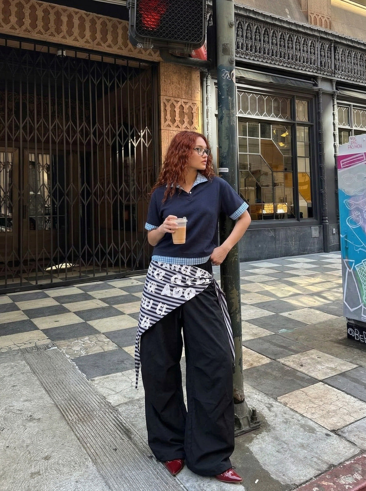 DAXUEN Plaid patchwork short-sleeved polo shirt — model photo