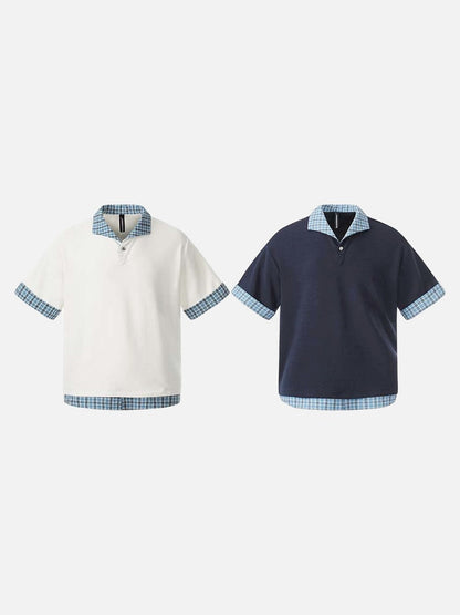 DAXUEN Plaid patchwork short-sleeved polo shirt
