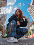 DAXUEN blue brown black plaid wide-leg pants — model photo