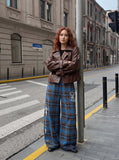 DAXUEN blue brown black plaid wide-leg pants — model photo