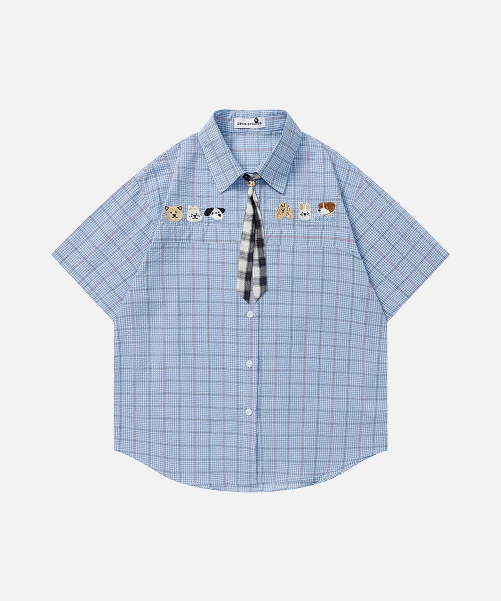 DAXUEN Plaid short-sleeved shirt with dog embroidery