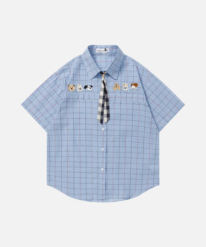DAXUEN Plaid short-sleeved shirt with dog embroidery