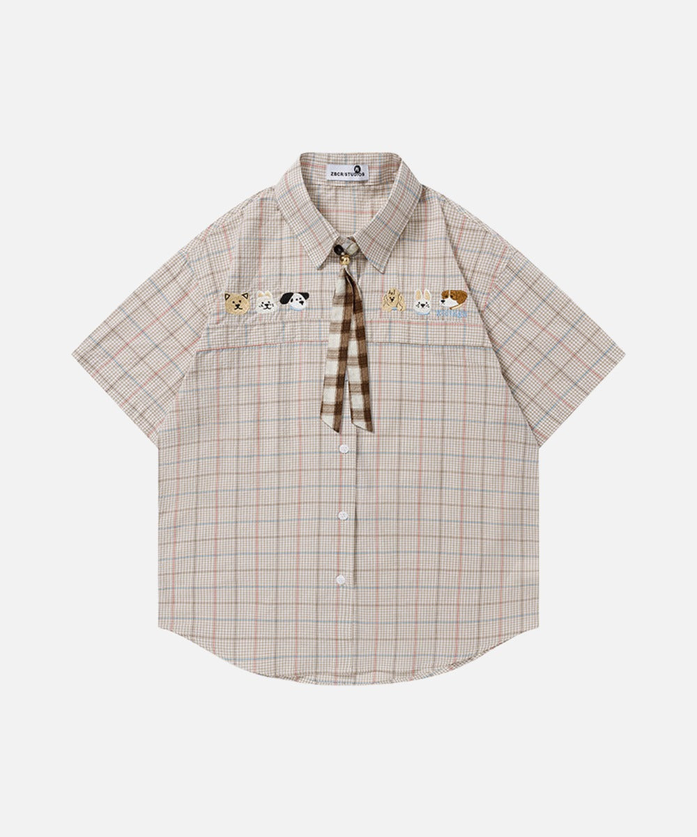 DAXUEN Plaid short-sleeved shirt with dog embroidery