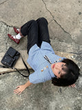 DAXUEN Plaid short-sleeved shirt with dog embroidery — model photo