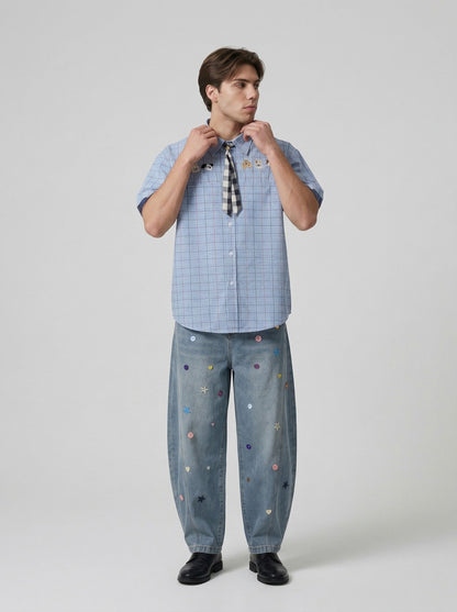 DAXUEN Plaid short-sleeved shirt with dog embroidery — model photo