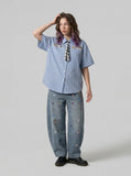 DAXUEN Plaid short-sleeved shirt with dog embroidery — model photo