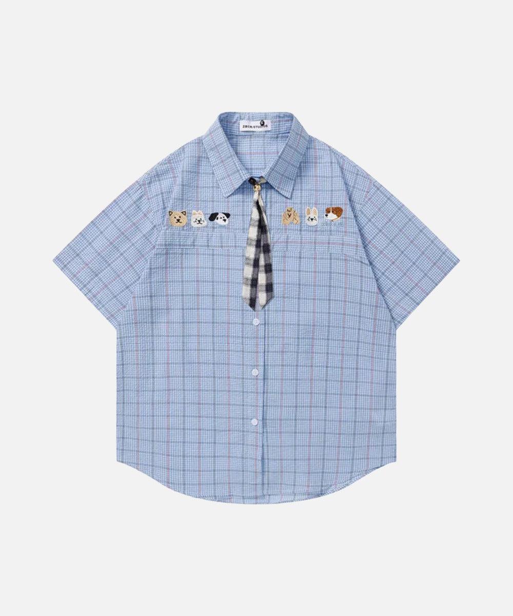 DAXUEN Plaid short-sleeved shirt with dog embroidery