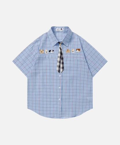 DAXUEN Plaid short-sleeved shirt with dog embroidery