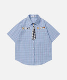 DAXUEN Plaid short-sleeved shirt with dog embroidery