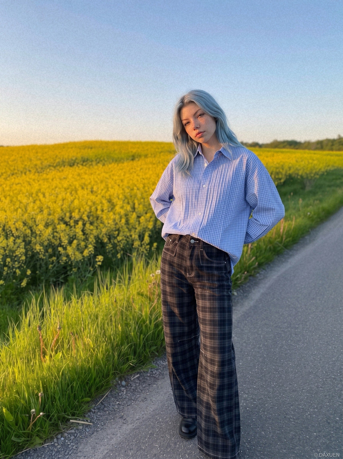 DAXUEN plaid and solid wide-leg denim pants — model photo