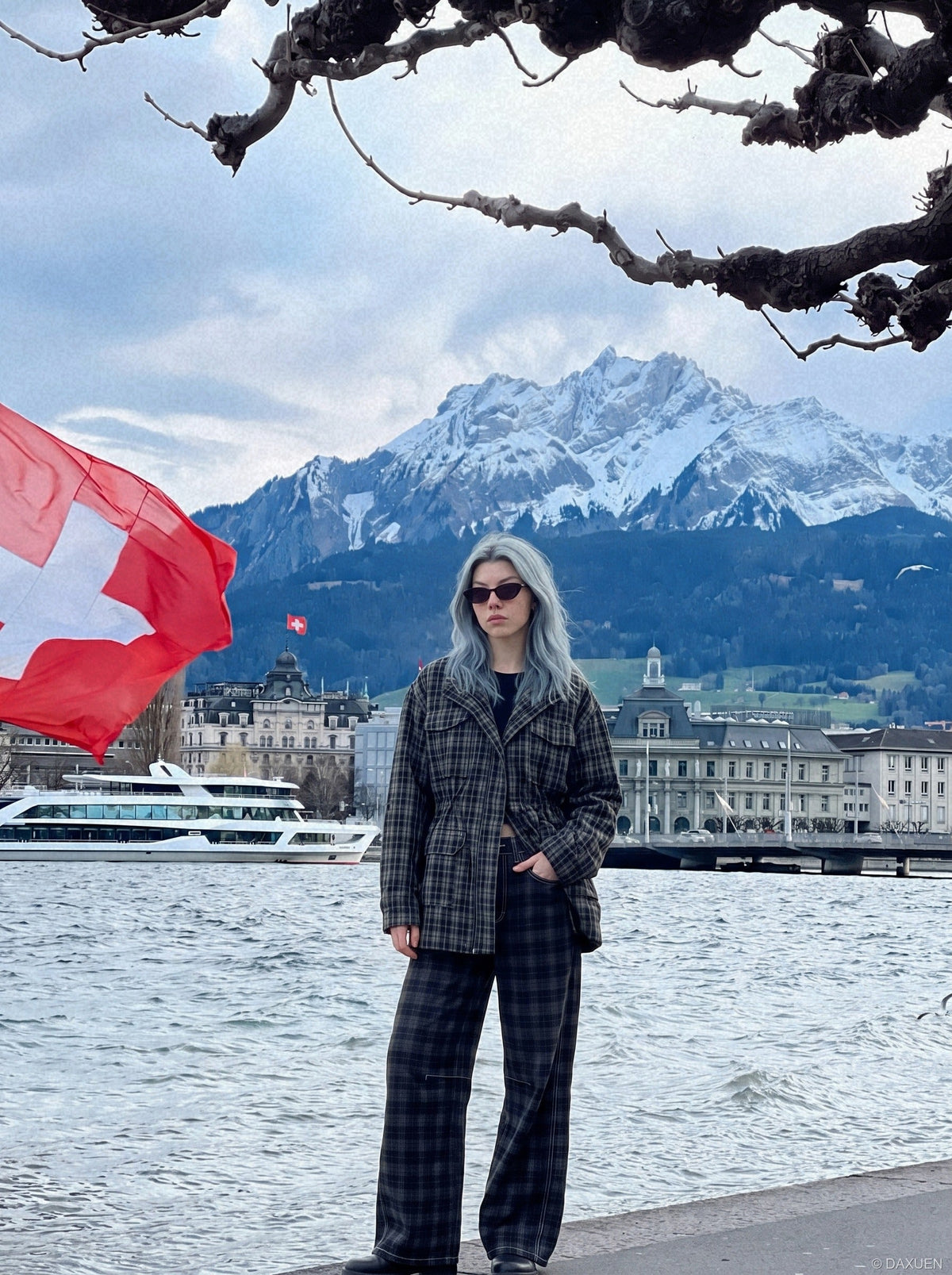 DAXUEN plaid and solid wide-leg denim pants — model photo