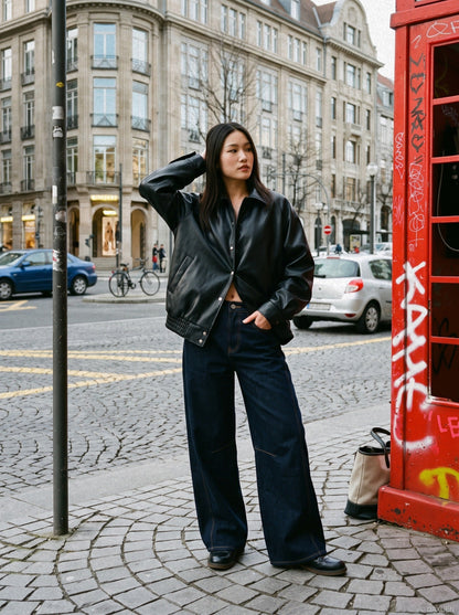 DAXUEN plaid and solid wide-leg denim pants — model photo
