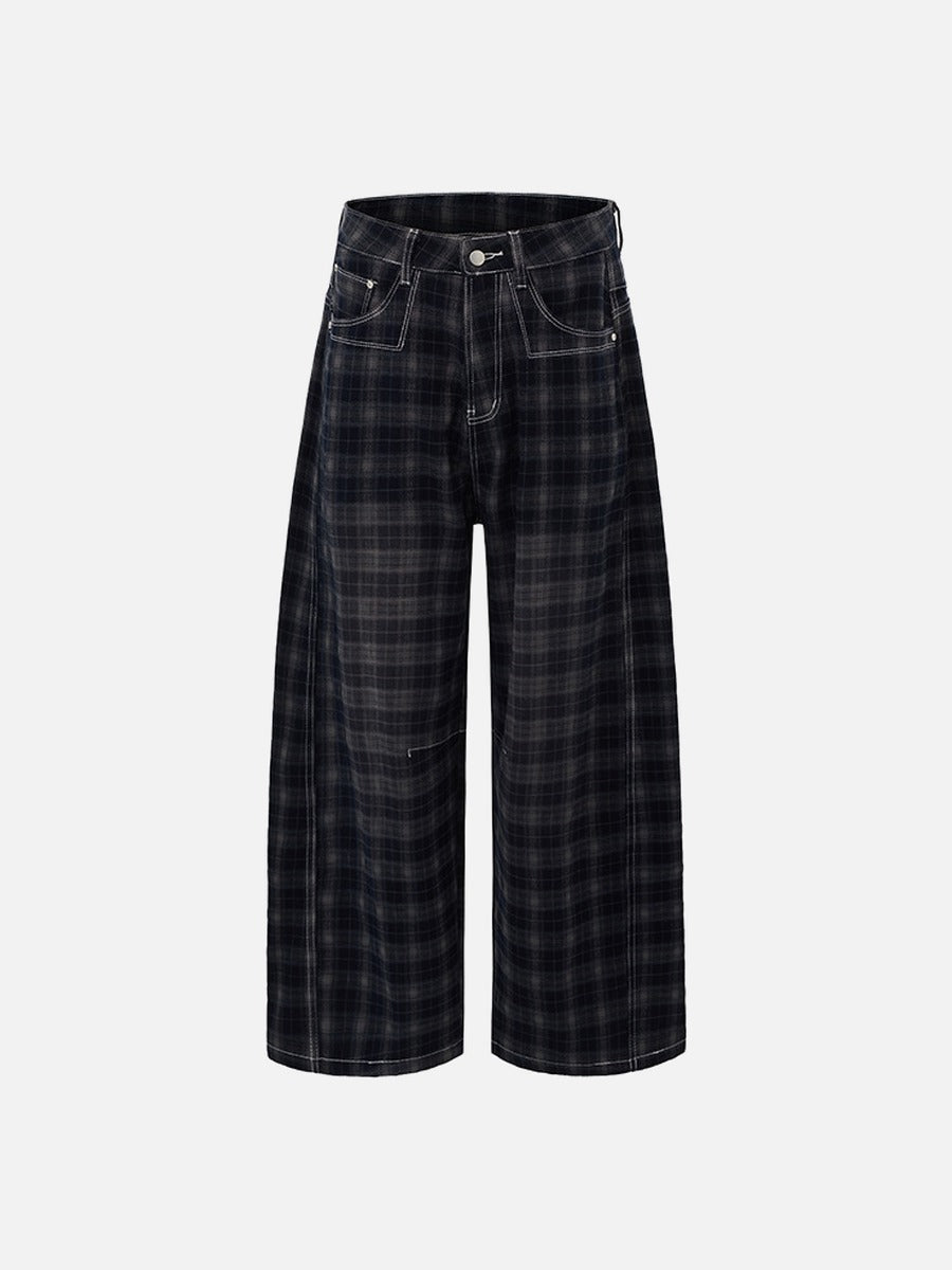 Plaid & Solid Contrast Stitch Wide-Leg Pants