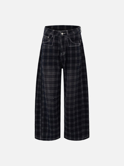Plaid & Solid Contrast Stitch Wide-Leg Pants