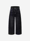 Plaid & Solid Contrast Stitch Wide-Leg Pants