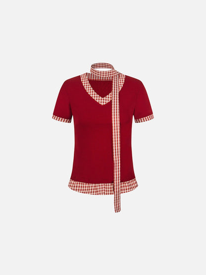 Plaid tie V-neck knit top