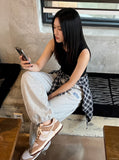 DAXUEN light grey marl plaid-wrapped wide-leg sweatpants — model photo