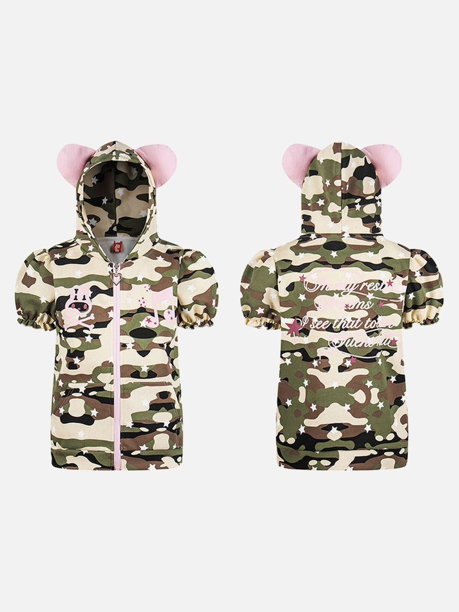 DAXUEN Full-zip hooded camouflage jacket with pink accents