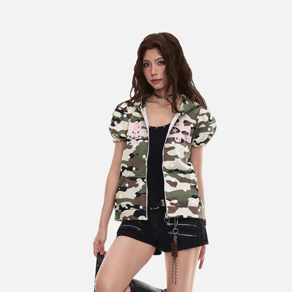DAXUEN Full-zip hooded camouflage jacket with pink accents