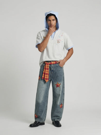 DAXUEN Playful hooded top with cartoon embroidery and striped details — model photo