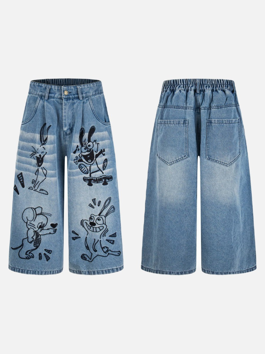 DAXUEN Loose-fitting wide-leg denim trousers with cartoon embroidery