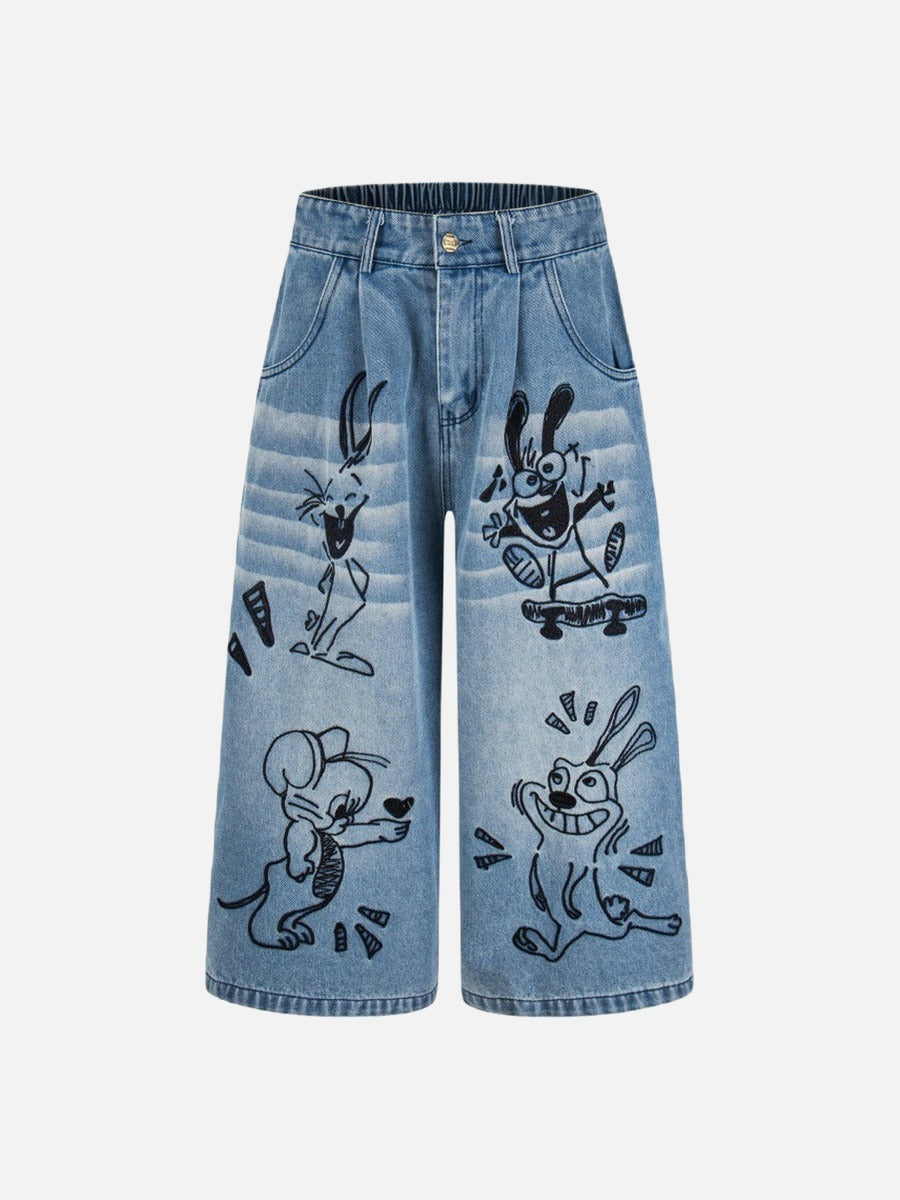 DAXUEN Loose-fitting wide-leg denim trousers with cartoon embroidery