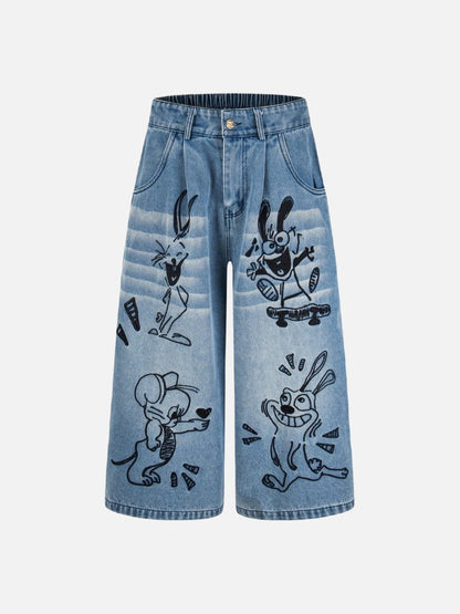 DAXUEN Loose-fitting wide-leg denim trousers with cartoon embroidery