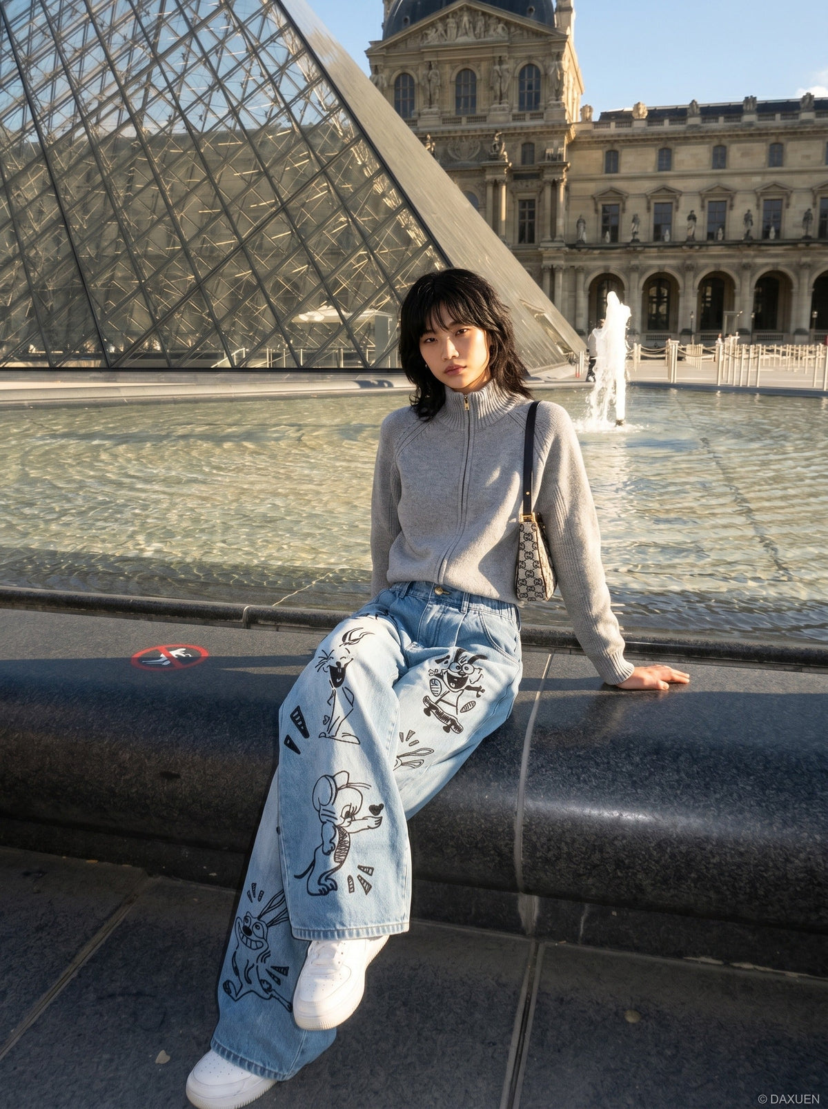 DAXUEN Playful Cartoon Wide-Leg Denim Trousers | DAXUEN — model photo