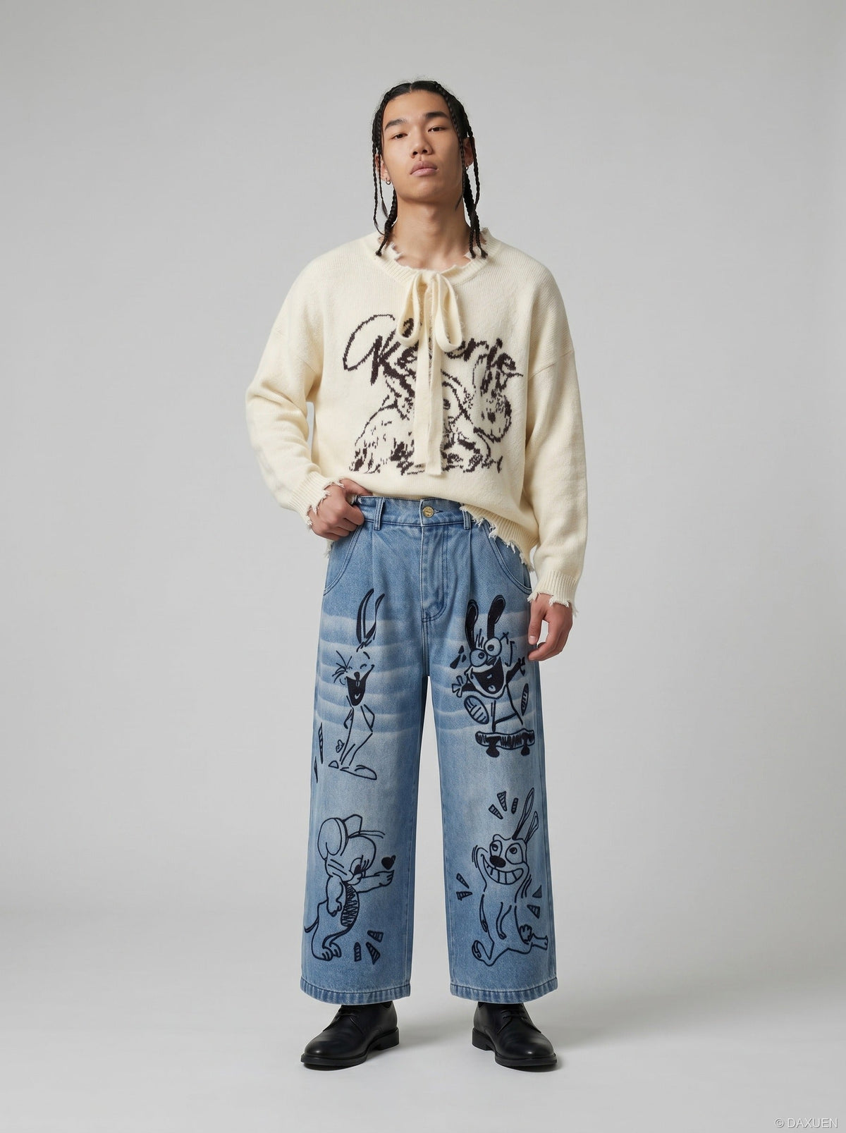 DAXUEN Playful Cartoon Wide-Leg Denim Trousers | DAXUEN — model photo