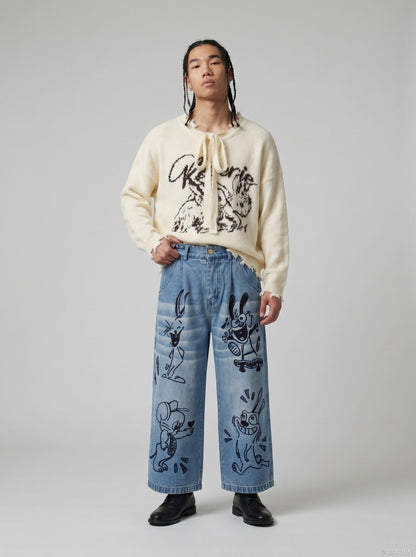 DAXUEN Playful Cartoon Wide-Leg Denim Trousers | DAXUEN — model photo