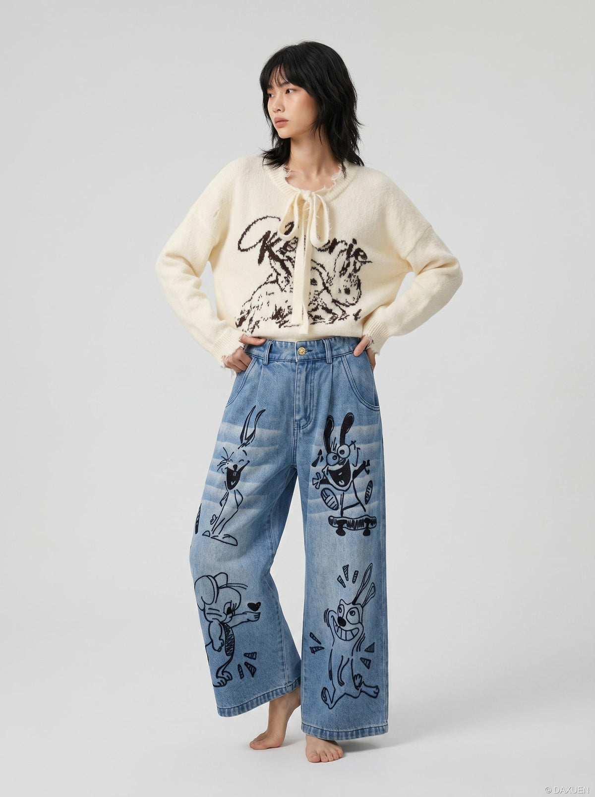 DAXUEN Playful Cartoon Wide-Leg Denim Trousers | DAXUEN — model photo