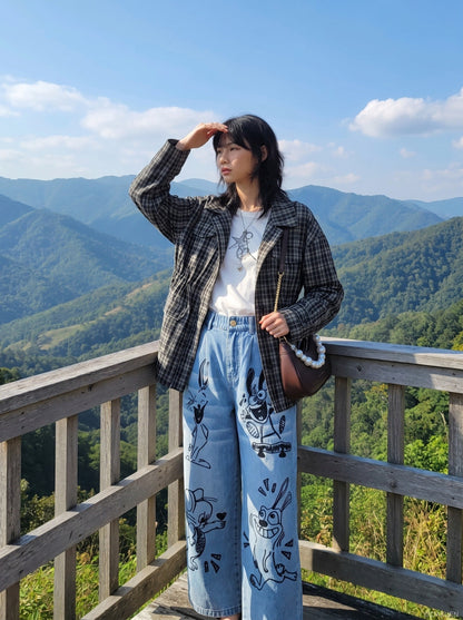 DAXUEN Playful Cartoon Wide-Leg Denim Trousers | DAXUEN — model photo