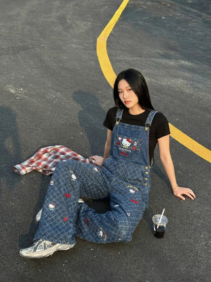 Playful Cat Embroidered Denim Overalls