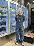 Playful Cat Embroidered Denim Overalls