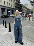DAXUEN Playful cat embroidered denim overalls — model photo