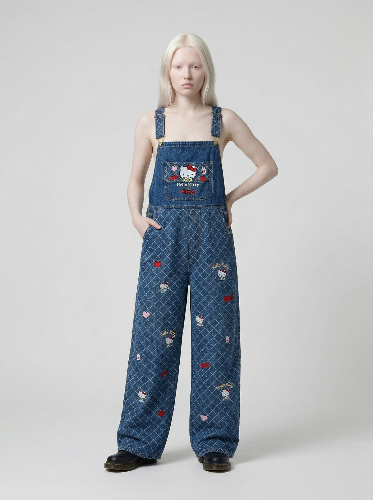 DAXUEN Playful cat embroidered denim overalls — model photo