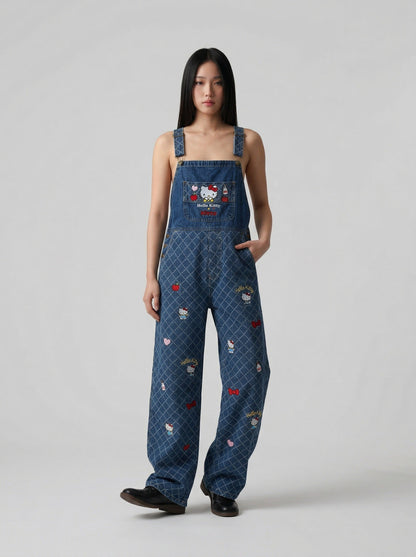 DAXUEN Playful cat embroidered denim overalls — model photo