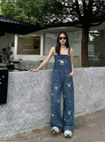 Playful Cat Embroidered Denim Overalls