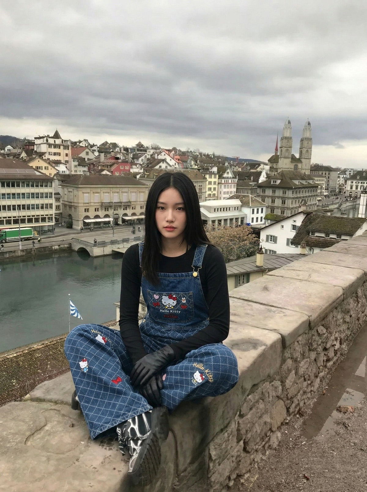 Playful Cat Embroidered Denim Overalls