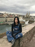 Playful Cat Embroidered Denim Overalls