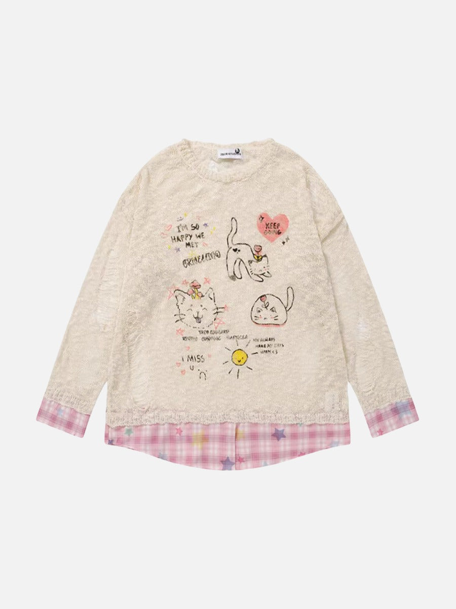 DAXUEN Long-sleeve layered top with cat graphics and plaid pattern