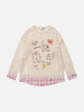 DAXUEN Long-sleeve layered top with cat graphics and plaid pattern