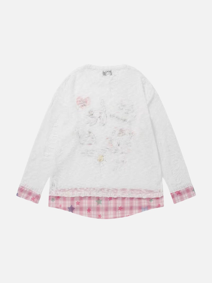 DAXUEN Long-sleeve layered top with cat graphics and plaid pattern