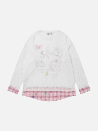 DAXUEN Long-sleeve layered top with cat graphics and plaid pattern