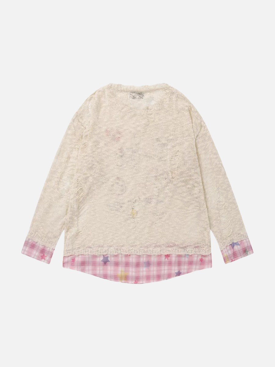 DAXUEN Long-sleeve layered top with cat graphics and plaid pattern