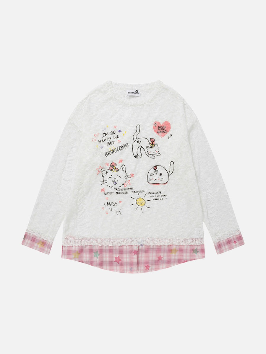 DAXUEN Long-sleeve layered top with cat graphics and plaid pattern