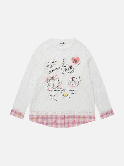 DAXUEN Long-sleeve layered top with cat graphics and plaid pattern